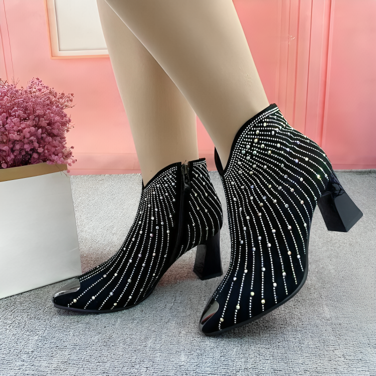 Stylish rhinestone ankle boots, black, zip, pointed - Melbourne Meadow